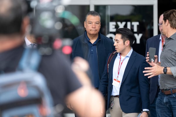 Sen. Alex Padilla, D-Calif., emerges from the Federal Building after he was forcibly removed from a news conference with Homeland Security Secretary Kristi Noem in Los Angeles on Thursday, June 12, 2025. (David Crane/The Orange County Register via AP)