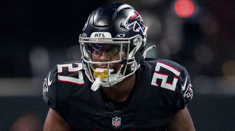 Atlanta Falcons safety Richie Grant (27) lines up during the first half of a preseason NFL football game against the Tennessee Titans, Friday, Aug. 13, 2021, in Atlanta. The Tennessee Titans won 23-3. (AP Photo/Danny Karnik)