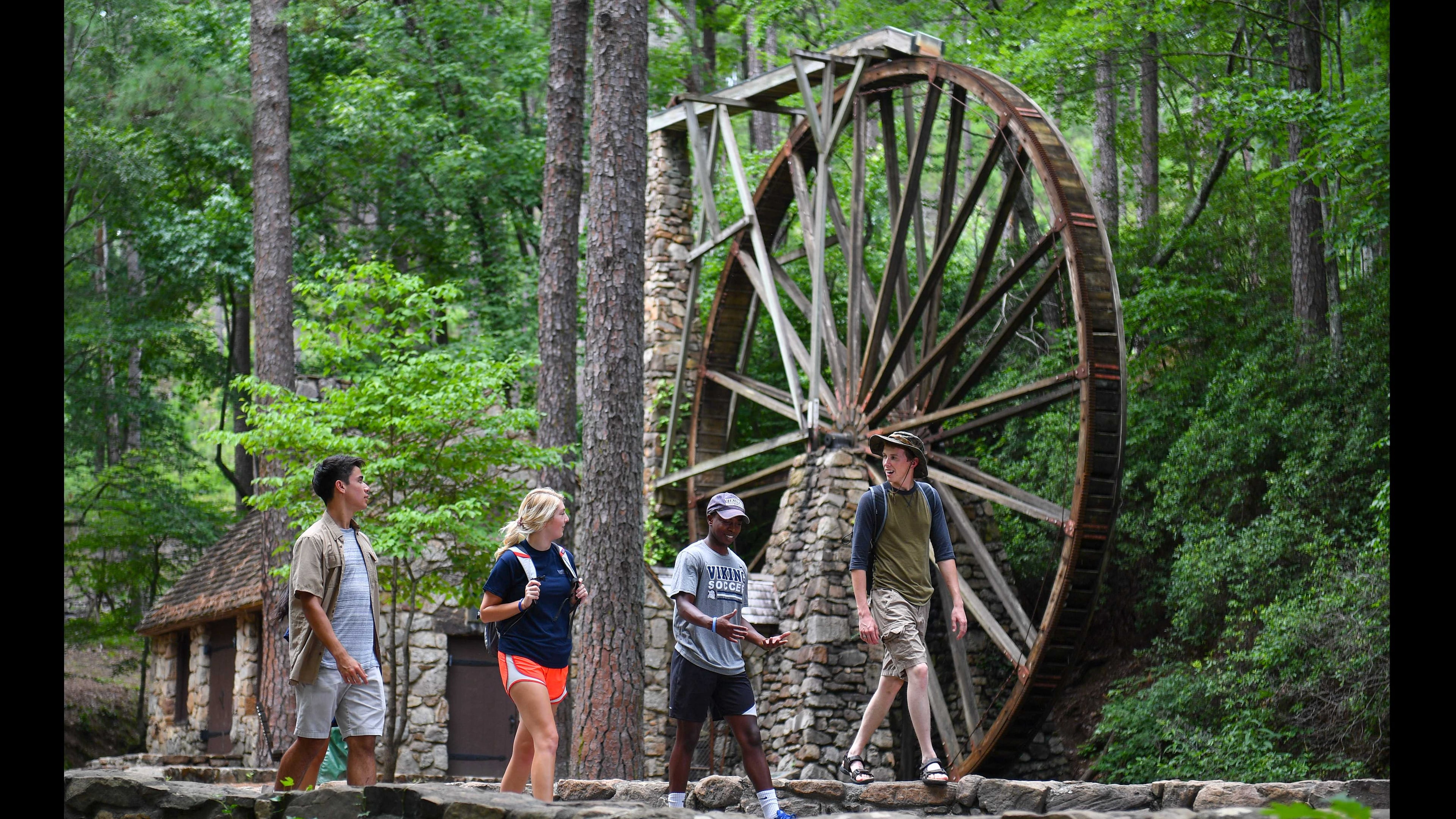 Berry College students hiking at the Old Mill. Photo by Brant Sanderlin/Berry College