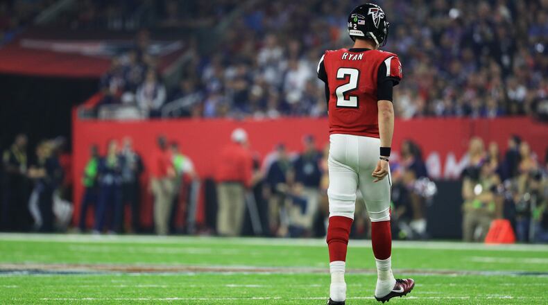 Matt Ryan walks on the field during Super Bowl 51 at NRG Stadium Feb. 5, 2017,  in Houston.