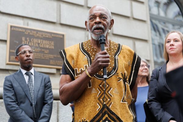 African People’s Socialist Party Chair Omali Yeshitela speaks outside the 11th U.S. Circuit Court of Appeals in Atlanta on Wednesday. (Estela Muñoz/AJC)