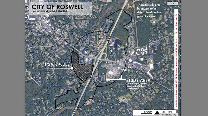 The Development Authority of Roswell recently entered into an agreement with the Sizemore Group for master planning for the intersection of Ga. 400 at Holcomb Bridge Road (study area shown here). COURTESY CITY OF ROSWELL