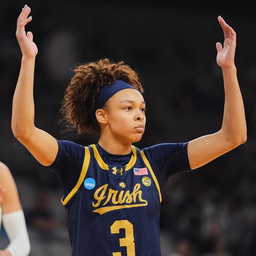 Notre Dame guard Hannah Hidalgo reacts to play against Vanderbilt in the first half in the Sweet 16 of the NCAA college basketball tournament, Friday, March 27, 2026, in Fort Worth, Texas. (AP Photo/LM Otero)