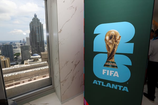 A FIFA World Cup Atlanta logo at the Metro Atlanta Chamber as the Atlanta World Cup Host Committee on June 11, 2025, marked one year to go until the 2026 FIFA World Cup in Atlanta. (Jason Getz/AJC)