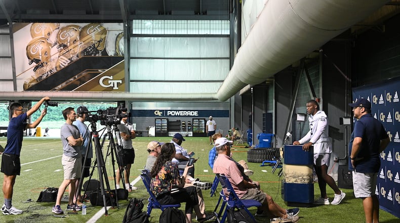 Georgia Tech defensive lineman Keion White (6) speaks to members of the press during Georgia Tech Football Media Day at Rose Bowl Field on Georgia Tech Campus in Atlanta on Saturday, August 6 2022. (Hyosub Shin / Hyosub.Shin@ajc.com)