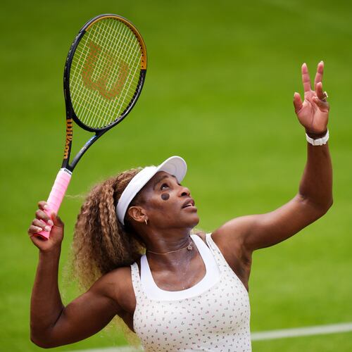 United States' Serena Williams during a practice session on day three of the Queen's Club tennis championships in London, Wednesday, June 10, 2026. (Ben Whitley/PA via AP)