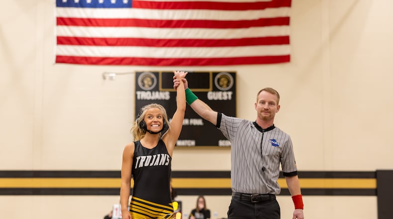 Cadence Wilson competes in the 105-pound division on the Carrollton girls wrestling team. (Photo by Brian Carmicheal)