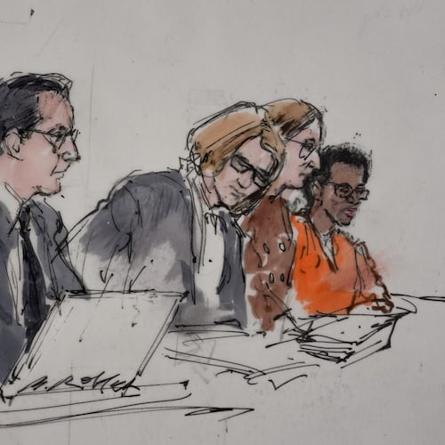 In this courtroom sketch, David Anthony Burke, also known as D4vd, far right, is seen in court Tuesday, July 21, 2026, in Los Angeles, during his trial for the killing of Celeste Rivas Hernandez. (Bill Robles via AP)