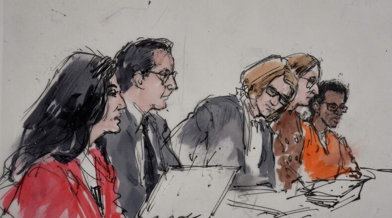In this courtroom sketch, David Anthony Burke, also known as D4vd, far right, is seen in court Tuesday, July 21, 2026, in Los Angeles, during his trial for the killing of Celeste Rivas Hernandez. (Bill Robles via AP)