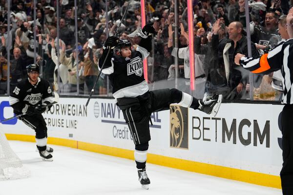 Los Angeles Kings left wing Andrei Kuzmenko celebrates his goal during the second period in Game 2 of an NHL hockey first-round playoff series against the Edmonton Oilers, Wednesday, April 23, 2025, in Los Angeles. (AP Photo/Mark J. Terrill)