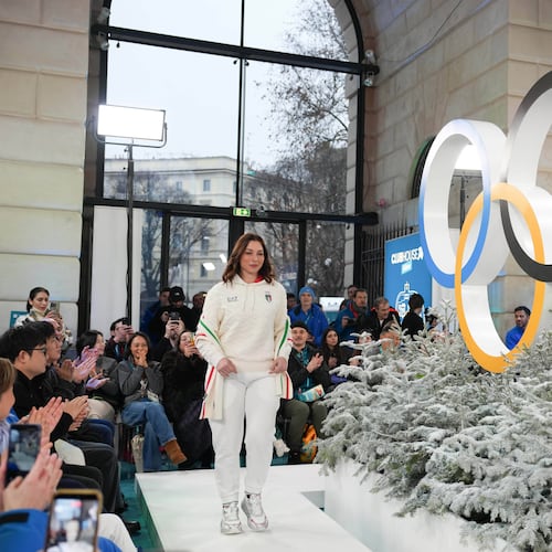 Mara Navarria of Italy presents an outfit during a fashion show ahead of the 2026 Winter Olympics, in Milan, Italy, Wednesday, Feb. 4, 2026. (Xue Yuge/Pool Photo via AP)