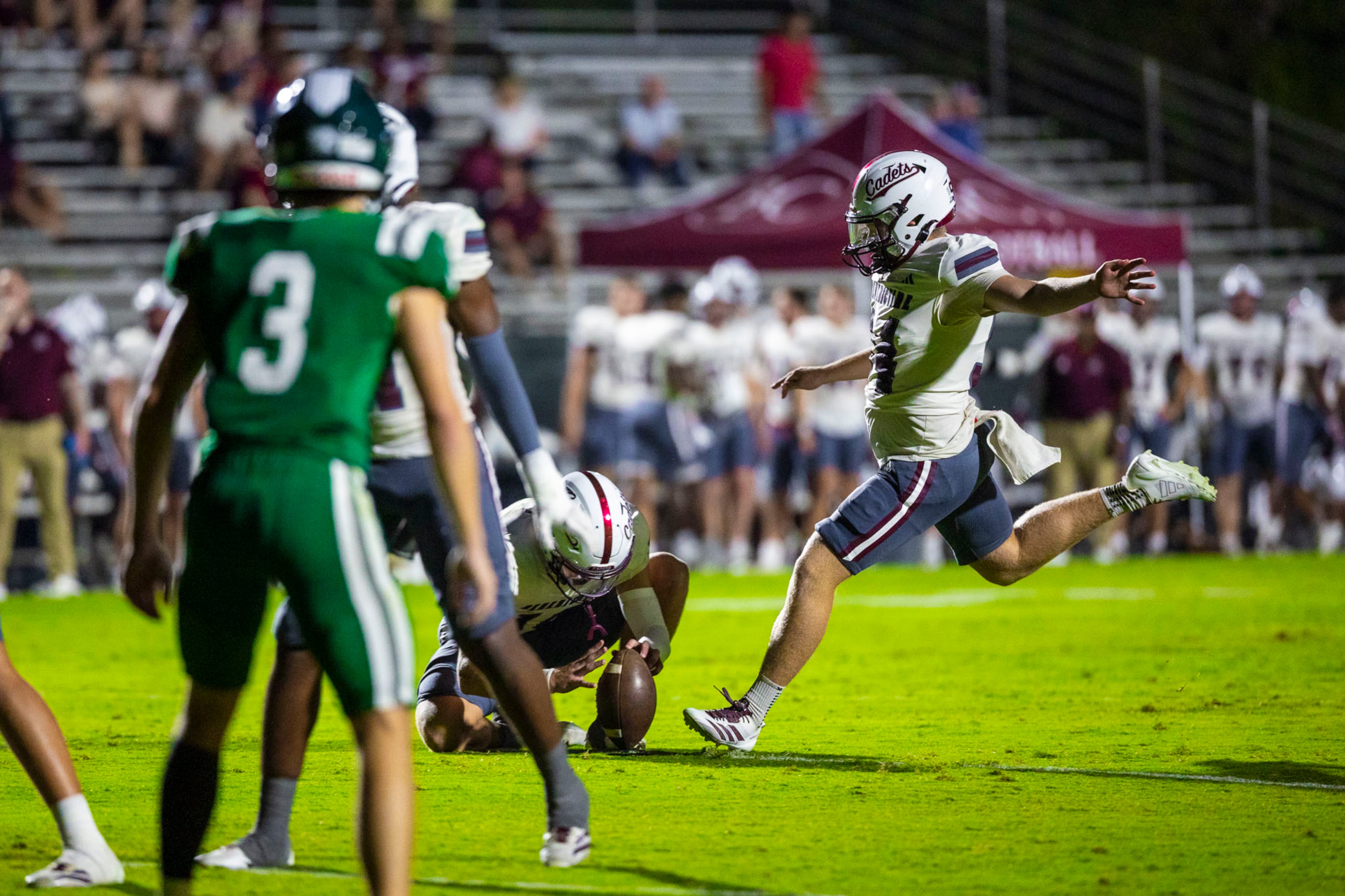 Benedictine player Bubba Frazier kicks the ball against Westminster at Fritz Orr Field in Atlanta, GA on Friday, Sept. 19th, 2025. (Oscar Guevara Saenz for the AJC)