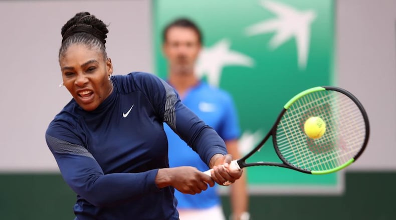 Tennis great Serena Williams plays a backhand during a practice session ahead of the French Open at Roland Garros on May 24, 2018 in Paris, France.