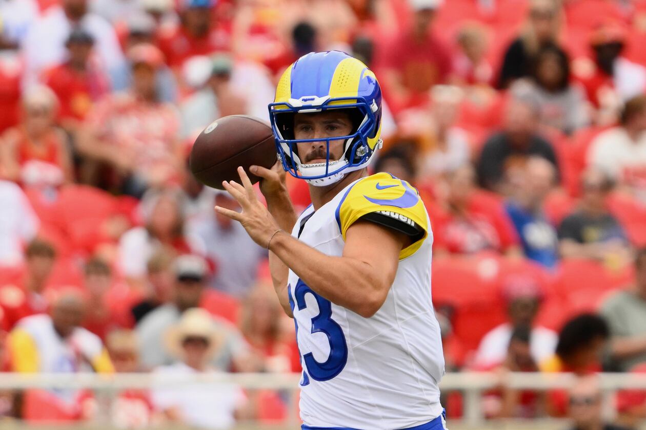 Los Angeles Rams quarterback Stetson Bennett IV looks to throw during an NFL preseason football game against the Kansas City Chiefs in Kansas City, Mo., Saturday, Aug. 15, 2026. (Reed Hoffmann/AP)