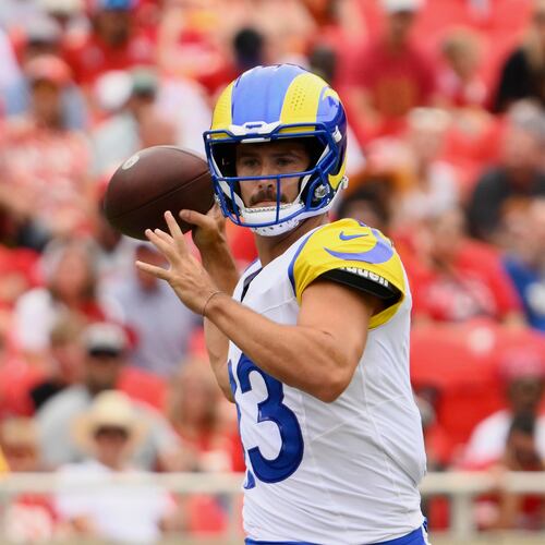 Los Angeles Rams quarterback Stetson Bennett IV looks to throw during an NFL preseason football game against the Kansas City Chiefs in Kansas City, Mo., Saturday, Aug. 15, 2026. (Reed Hoffmann/AP)
