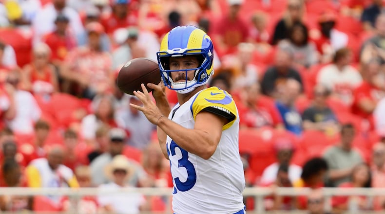 Los Angeles Rams quarterback Stetson Bennett IV looks to throw during an NFL preseason football game against the Kansas City Chiefs in Kansas City, Mo., Saturday, Aug. 15, 2026. (Reed Hoffmann/AP)