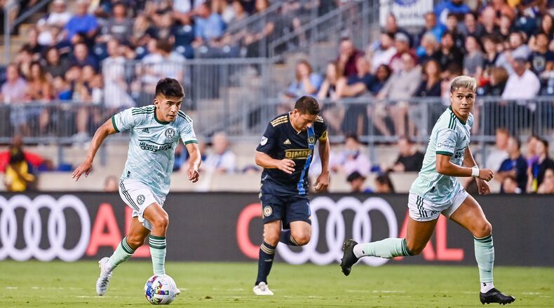 Atlanta United midfielder Thiago Almada #8 dribbles the ball during the first half of the match against Philadelphia Union at Subaru Park in Philadelphia, United States on Wednesday August 31, 2022. (Photo by Dakota Williams/Atlanta United)