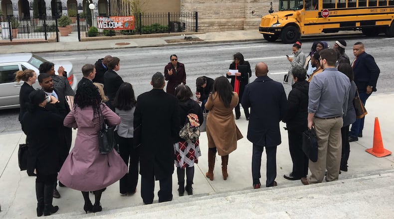 Andrea Young, executive director for the American Civil Liberties Union of Georgia, speaks during a press conference opposing Senate Bill 363 at the Georgia Capitol on Monday, March 26, 2018. The legislation would limit Sunday voting and reduce city of Atlanta voting hours. MARK NIESSE / MARK.NIESSE@AJC.COM