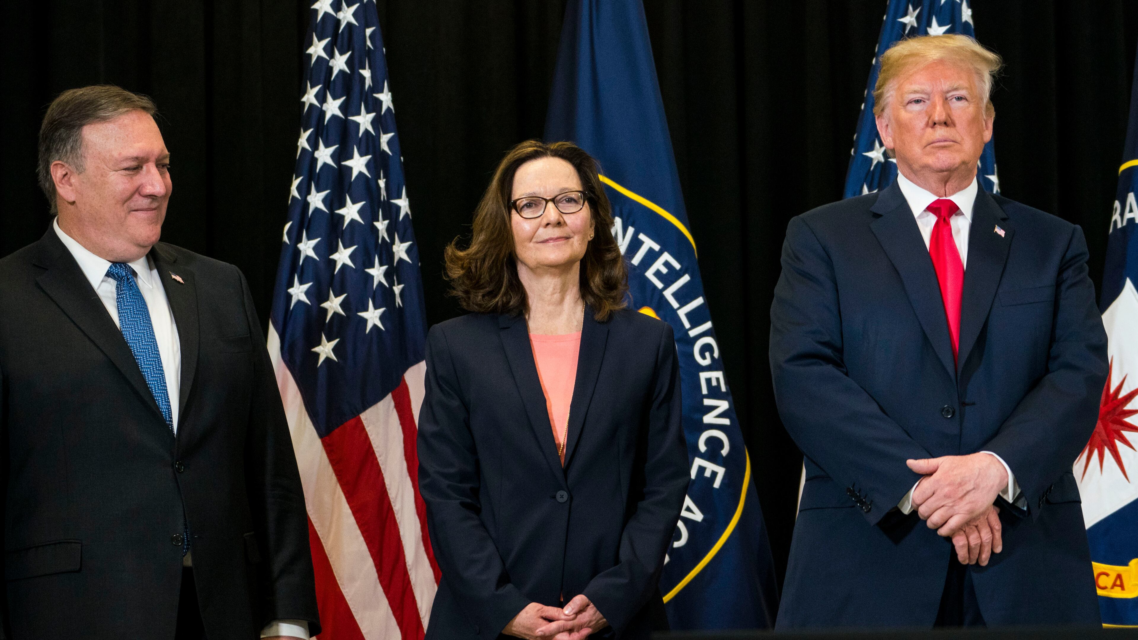 From right, President Donald Trump, former CIA Director Gina Haspel and former Secretary of State Mike Pompeo during a news during a ceremony at the George Bush Center for Intelligence in Langley, Va., on May 21, 2018. (Doug Mills/The New York Times)