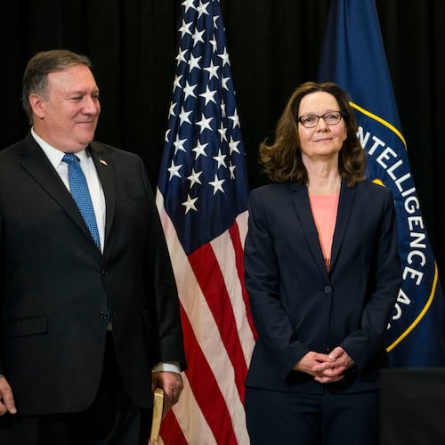 From right, President Donald Trump, former CIA Director Gina Haspel and former Secretary of State Mike Pompeo during a news during a ceremony at the George Bush Center for Intelligence in Langley, Va., on May 21, 2018. (Doug Mills/The New York Times)