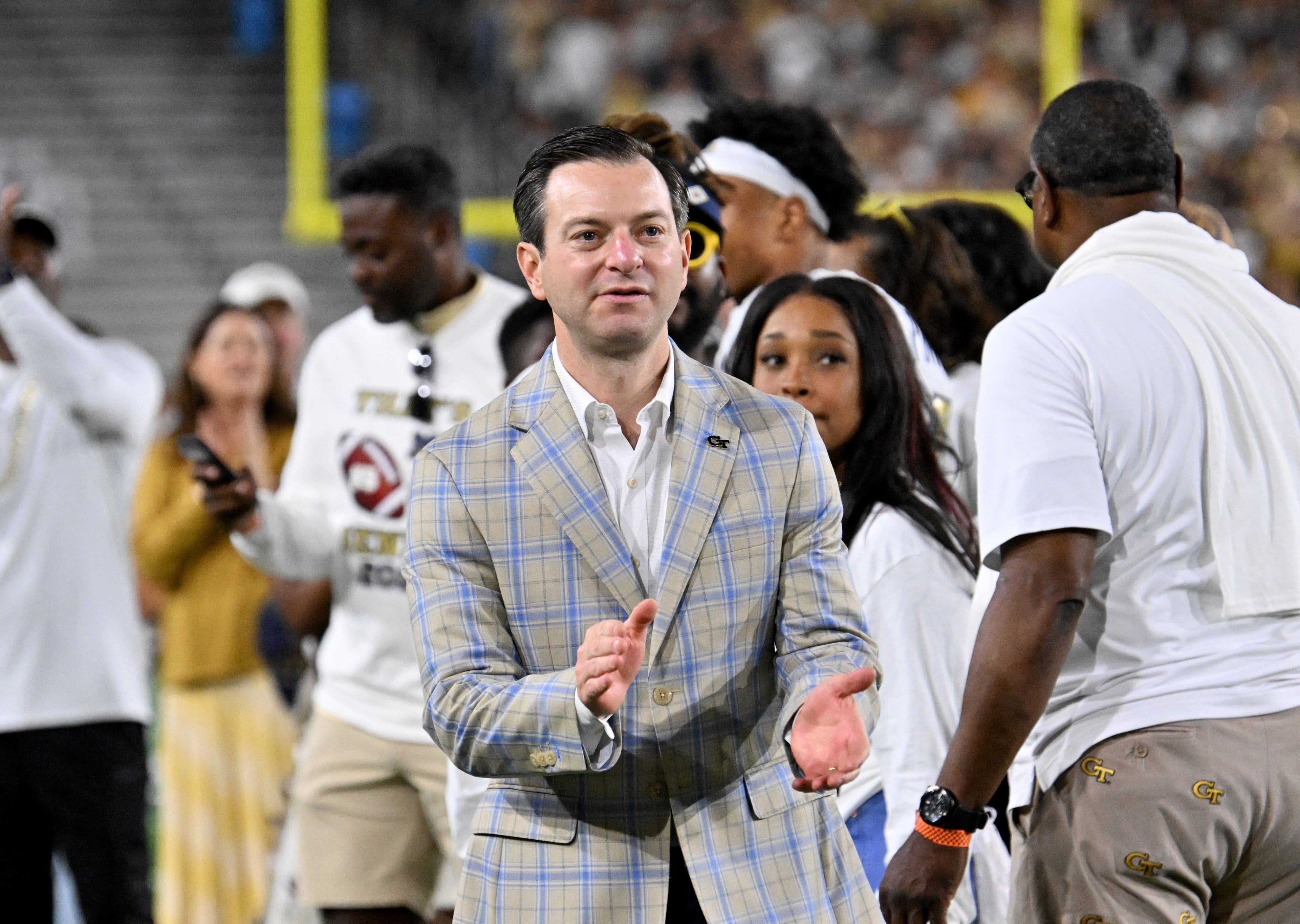 Athletics director Ryan Alpert reacts during a senior night event prior to the final regular-season home game against Pittsburgh at Bobby Dodd Stadium, Saturday, November 22, 2025 in Atlanta. (Hyosub Shin / AJC)