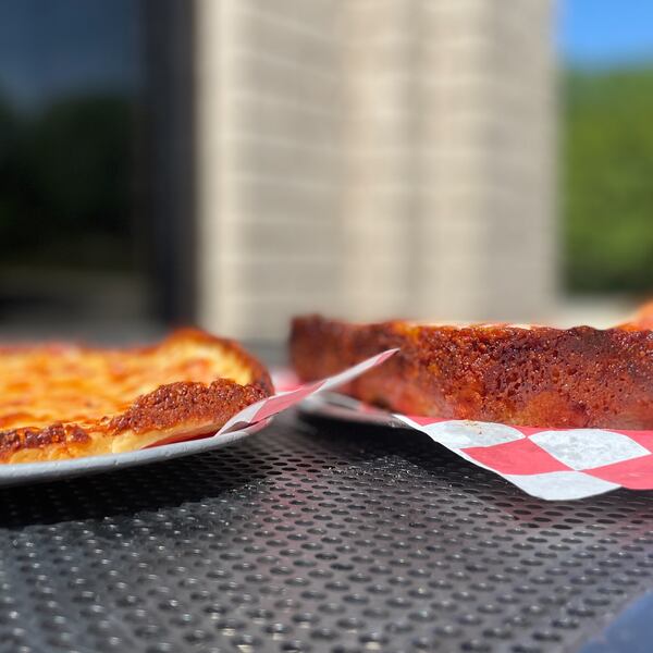 Here, you see a Corner Slice bar pie next to a Detroit-style pizza, which shows off the latter's towering crust. Courtesy of Ben Horgan