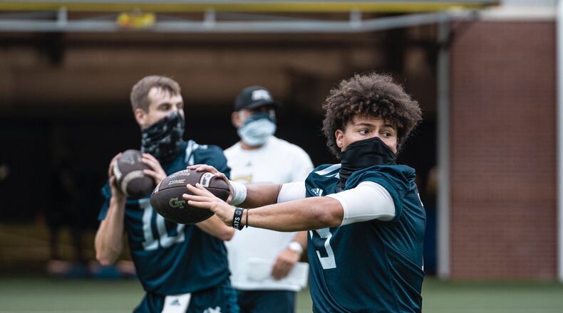 Georgia Tech quarterbacks Jordan Yates (foreground) and Liam Byrne throw during a walk-through practice on July 22. (Georgia Tech football/Santino Stancato)