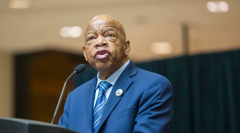 04/08/2019 -- Atlanta, Georgia -- Congressman John Lewis speaks during his art exhibit tribute in the atrium of the domestic terminal at Atlanta's Hartsfield Jackson International Airport, Monday, April 8, 2019. The art exhibit "John Lewis-Good Trouble" was unveiled Monday with historical artifacts, audio and visual installations and tributes to the congressman. (ALYSSA POINTER/ALYSSA.POINTER@AJC.COM)