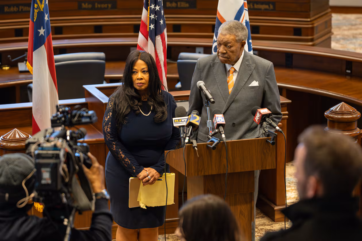 Fulton County Election Board Chair Sherri Allen and Fulton County Board of Commissioners Chairman Robb Pitts address a press conference on the FBI raid on the Fulton County Elections Hub in reference to the 2020 presidential election. Thursday, Jan 29, 2026 (Ben Hendren for the AJC)
