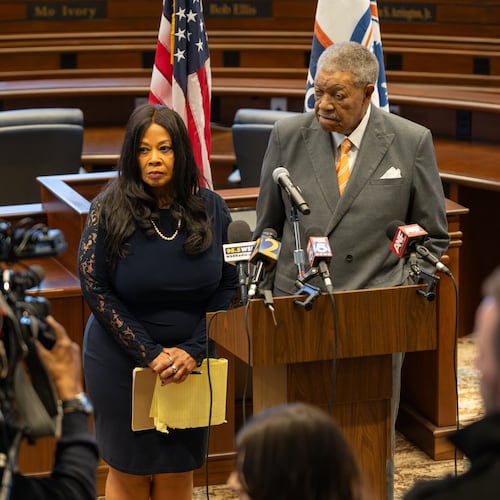Fulton County Election Board Chair Sherri Allen and Fulton Board of Commissioners Chair Robb Pitts hold a news conference on the FBI raid on the Fulton County Elections Hub on Thursday. (Ben Hendren for the AJC)