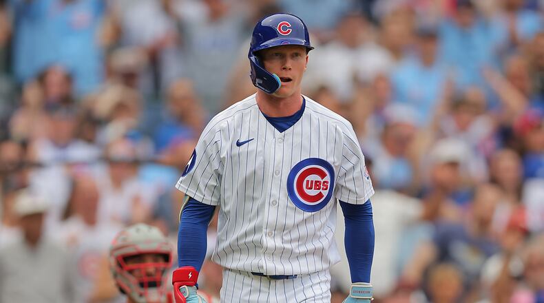 Chicago Cubs' Pete Crow-Armstrong watches his two-run home run during the second inning of a baseball game against the Cincinnati Reds, Saturday, Aug. 29, 2026, in Chicago. (AP Photo/Melissa Tamez)