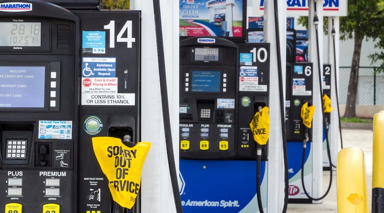 No lines, no waiting, but no gas at the Marathon station at Belvedere Road and Lake Avenue in West Palm Beach, Fla. which was sold out Tuesday afternoon. (Lannis Waters / The Palm Beach Post)
