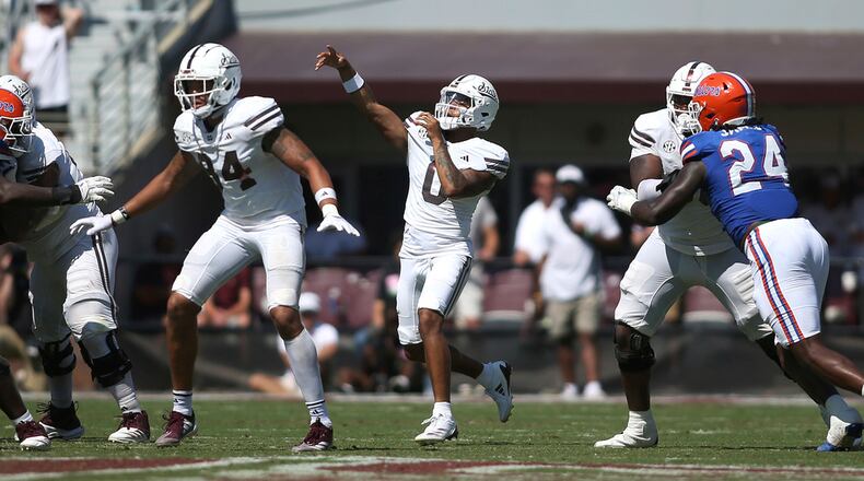 Mississippi State quarterback Michael Van Buren Jr. (0) throws a pass against Florida during the second half of an NCAA college football game in Starkville, Miss., Saturday, Sept. 21, 2024. Florida won 45-28. (AP Photo/James Pugh)
