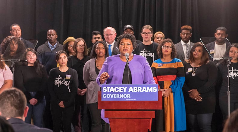11/16/2018 -- Atlanta, Georgia -- Georgia Gubernatorial Democratic candidate Stacey Abrams makes remarks during a press conference at the Abrams Headquarters in Atlanta, Friday, November 16, 2018. Stacey Abrams ended her campaign and said she accepts that she doesn't have enough votes to beat her opponent Brian Kemp. (ALYSSA POINTER/ALYSSA.POINTER@AJC.COM)