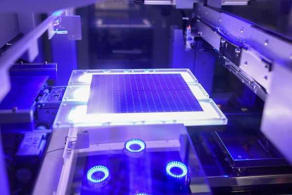 Solar panels are manufactured at the Qcells solar factory in White on June 8, 2026. (Arvin Temkar/AJC)