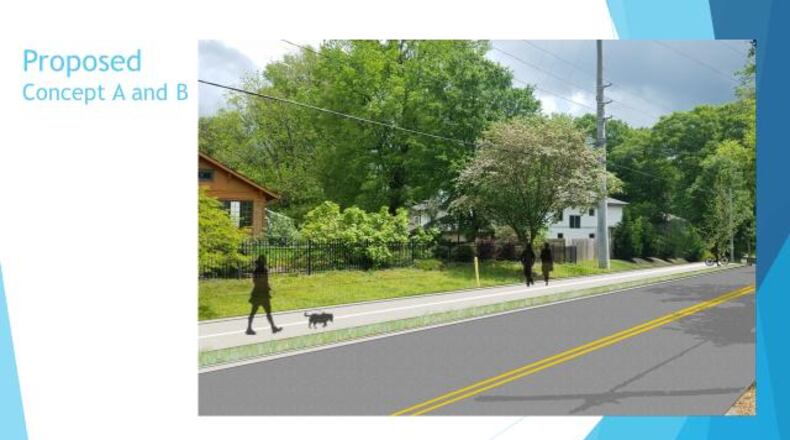 Artist’s rendition of options A and B for the multi-use path on the east side of South Columbia Drive. This is South Columbia heading south, with a 10-foot path and 3-foot grass strip on the left. Currently there is no sidewalk there, and South Columbia itself has wider traffic lanes. In all three options the two Columbia lanes get narrowed to 11 1/2 feet each. Courtesy city of Decatur