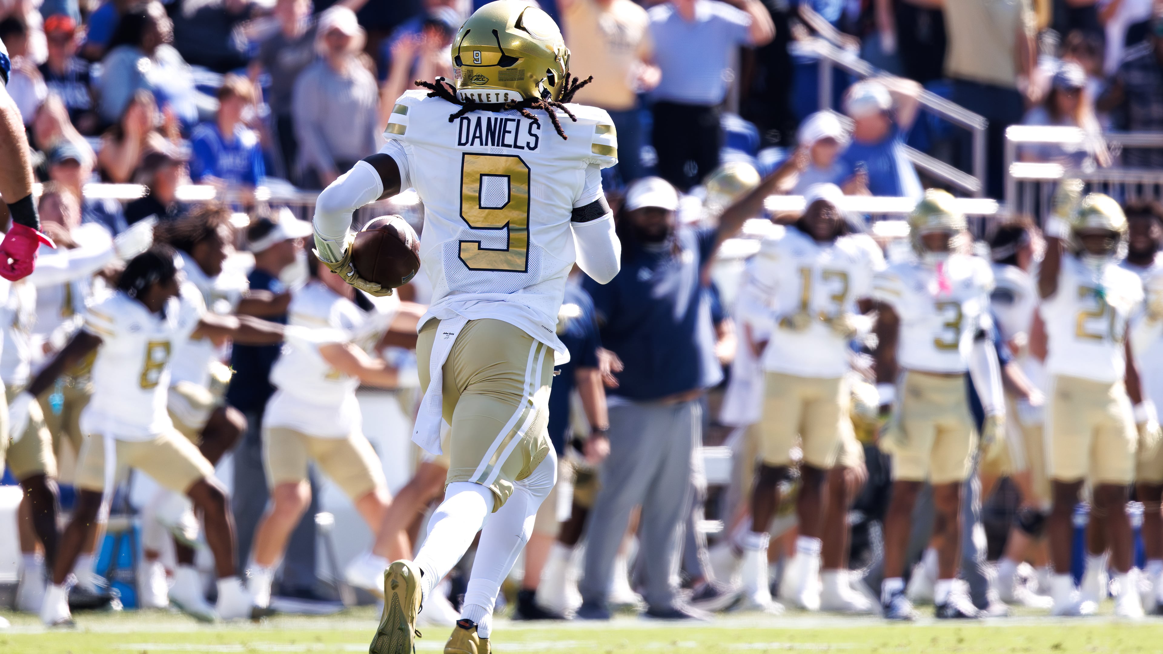 Georgia Tech's Omar Daniels returns a fumble for a 95-yard touchdown Saturday, Oct. 18, 2025, against Duke in Durham, N.C. (AP Photo/Ben McKeown)