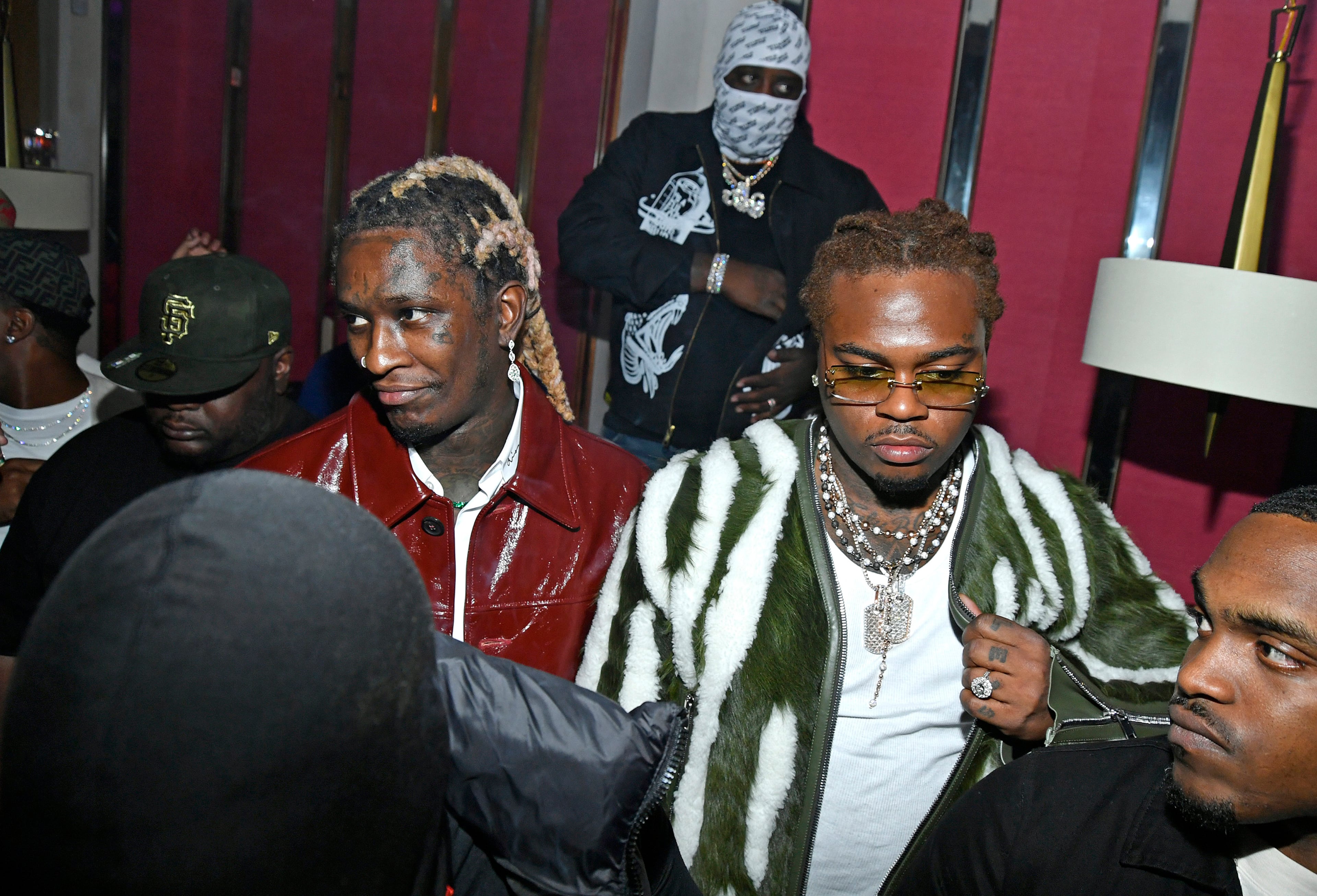 Young Thug (left) and Gunna attend a release party for Young Thug's album “Punk” at Delilah in West Hollywood, Calif. Although Gunna never testified during the YSL trial, Young Thug’s allegiance to a faulty street code won’t allow him to forgive his former friend. (Michael Tullberg/Getty Images/TNS 2021)
