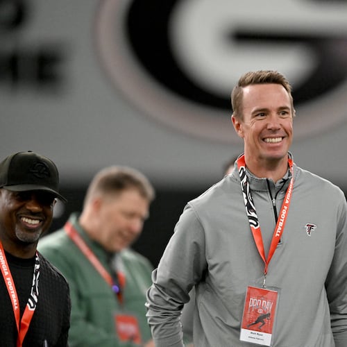 Atlanta Falcon's President of Football Matt Ryan smiles during Georgia's NFL Pro Day at Payne Indoor Athletic Facility, Wednesday, March 18, 2026, in Athens. (Hyosub Shin/AJC)