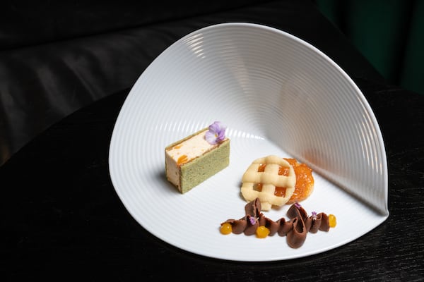 An artistic shot of an unusually-shaped plate containing a small rectangle of ice cream sandwich and a deconstructed peach tart.