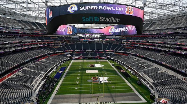 The interior of SoFi Stadium is seen days before the Super Bowl NFL football game Tuesday, Feb. 8, 2022, in Inglewood, Calif. The Los Angeles Rams are scheduled to play the Cincinnati Bengals in the Super Bowl on Sunday, Feb. 13. (AP Photo/Marcio Jose Sanchez)