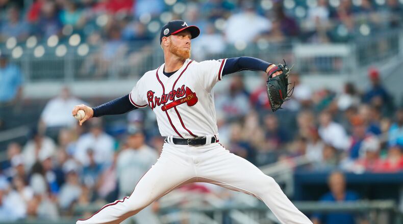 Atlanta Braves starting pitcher Mike Foltynewicz (26) delivers in the first inning of a baseball game against the Seattle Mariners, Monday, Aug. 21, 2017, in Atlanta.