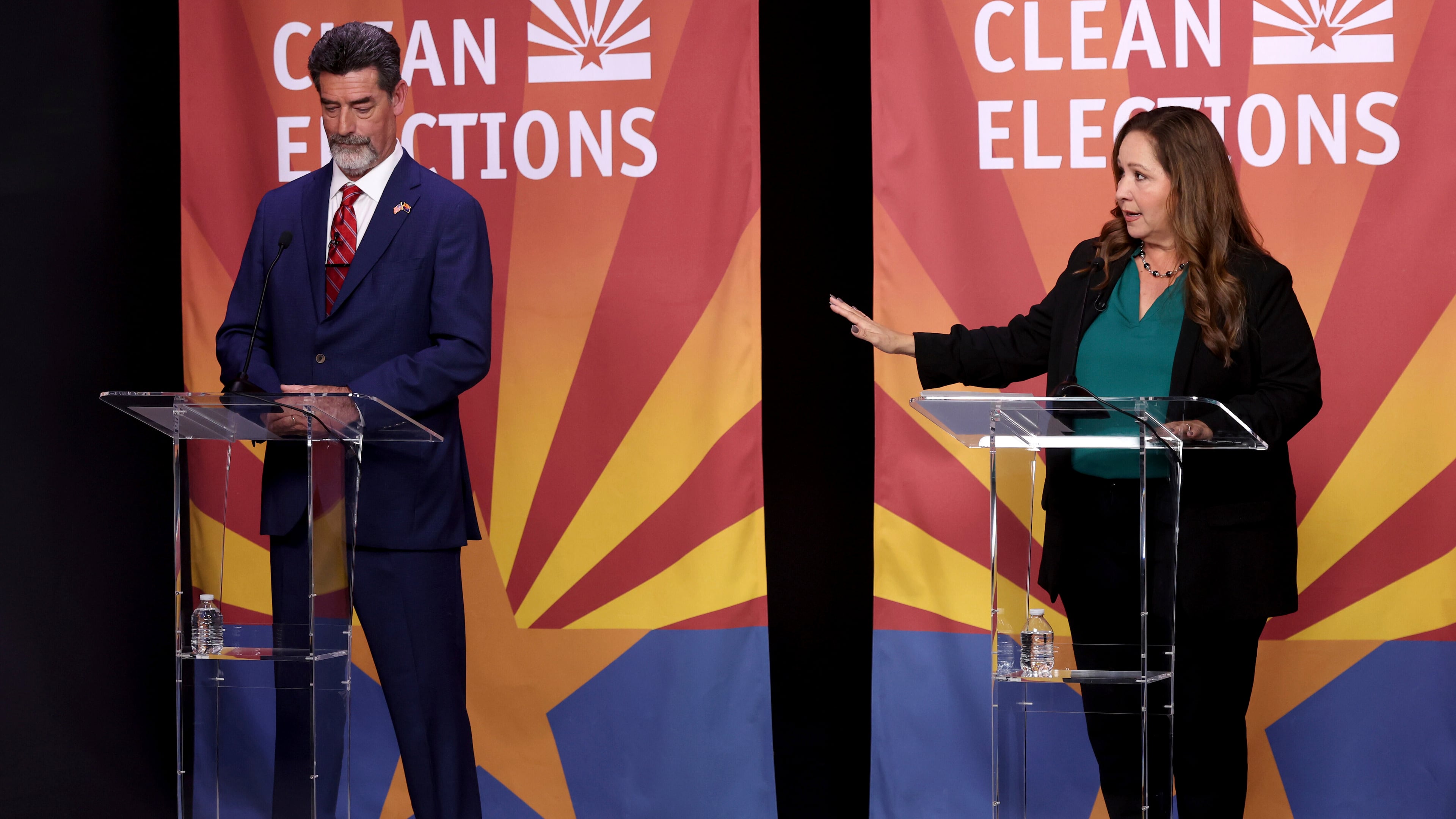 Congressional District 7 special election candidates Republican Daniel Butierez, left, and Democrat Adelita Grijalva participate during a televised debate, Tuesday, Aug. 26, 2025, in Tucson, Ariz. (Kelly Presnell/Arizona Daily Star via AP)