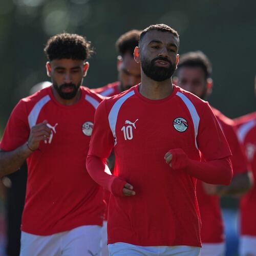 Egypt's Mohamed Salah, front, works out with teammates during a training session Saturday, June 20, 2026, on the eve of the team's World Cup Group G soccer match against New Zealand in Vancouver, British Columbia. (AP Photo/Abbie Parr)