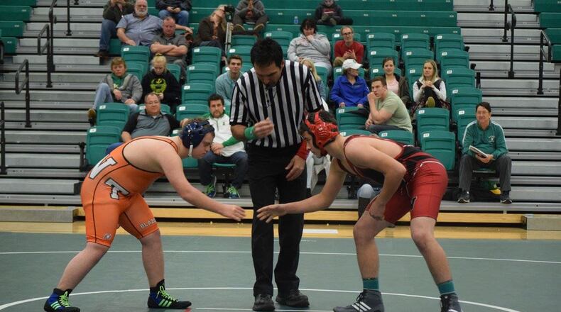 National Trail’s Brooks Henning (left) prepares to wrestling Wayne’s Tyler Stephens last week at Northmont. Photo courtesy of Annie Montgomery