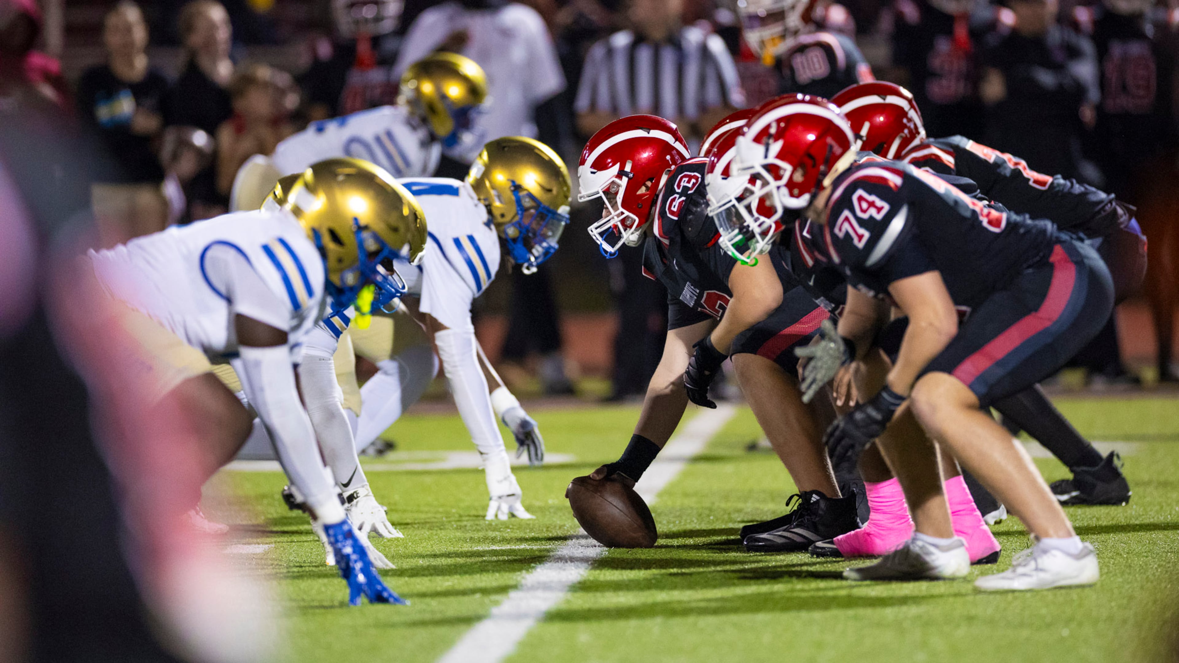 Hillgrove players line up in formation against McEachern at Cobb Energy Hillgrove Stadium in Powder Springs, Ga., on Friday, Oct. 17, 2025. (Oscar Guevara Saenz for the AJC)