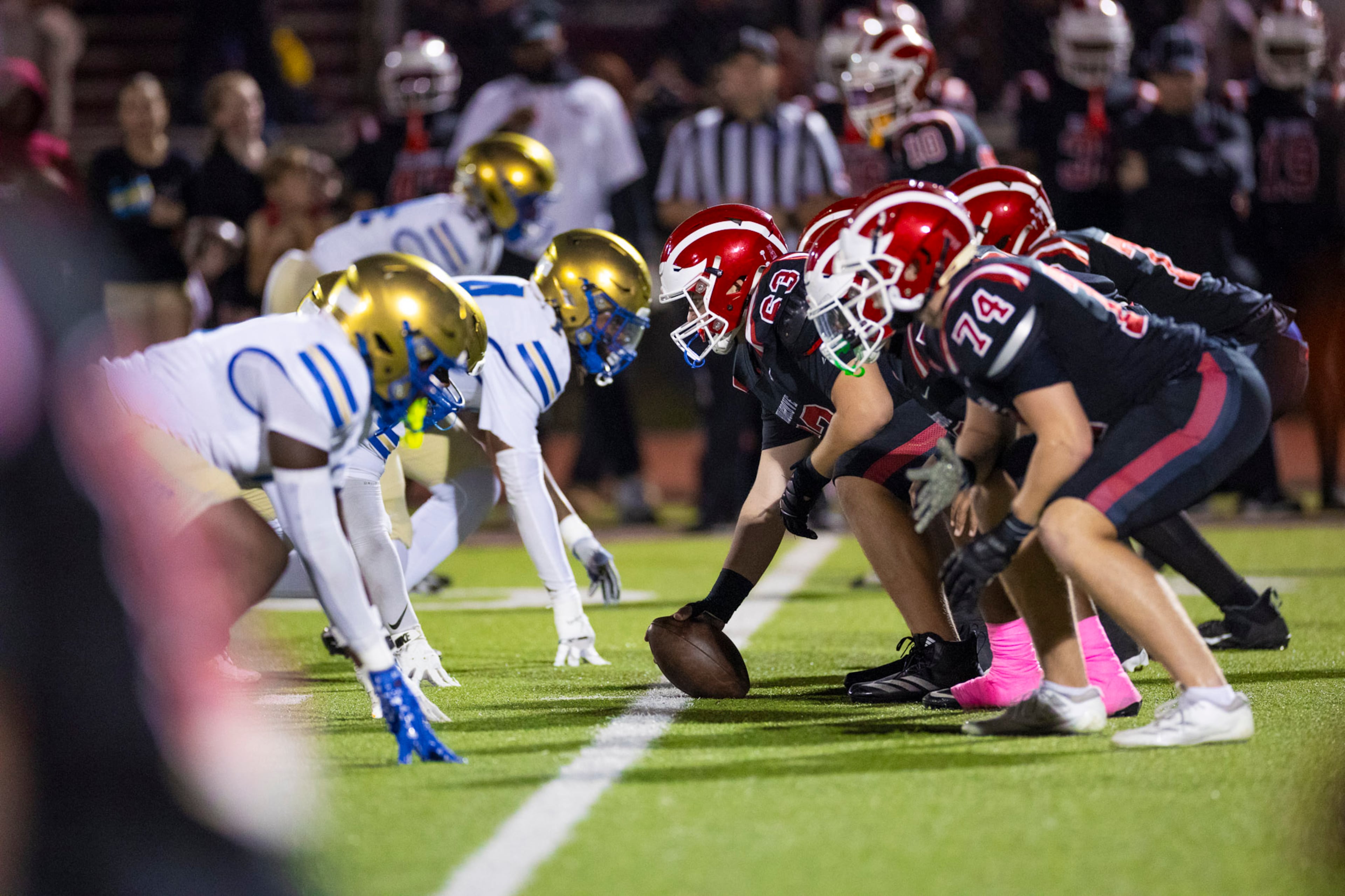 Hillgrove players line up in formation against McEachern at Cobb Energy Hillgrove Stadium in Powder Springs, GA on Friday, October 17th, 2025. (Oscar Guevara Saenz for the AJC)