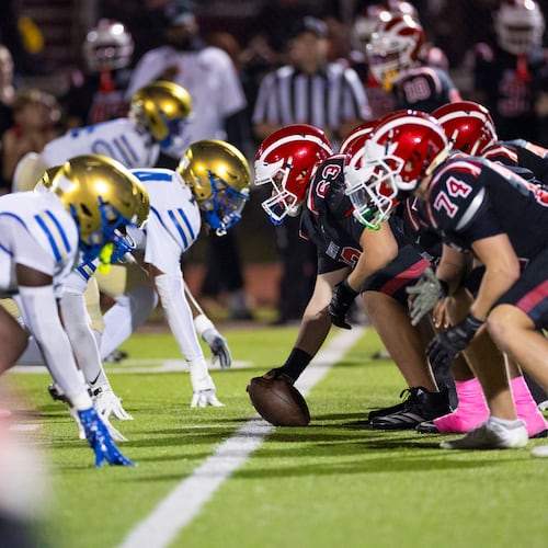Hillgrove players line up in formation against McEachern at Cobb Energy Hillgrove Stadium in Powder Springs, Ga., on Friday, Oct. 17, 2025. (Oscar Guevara Saenz for the AJC)