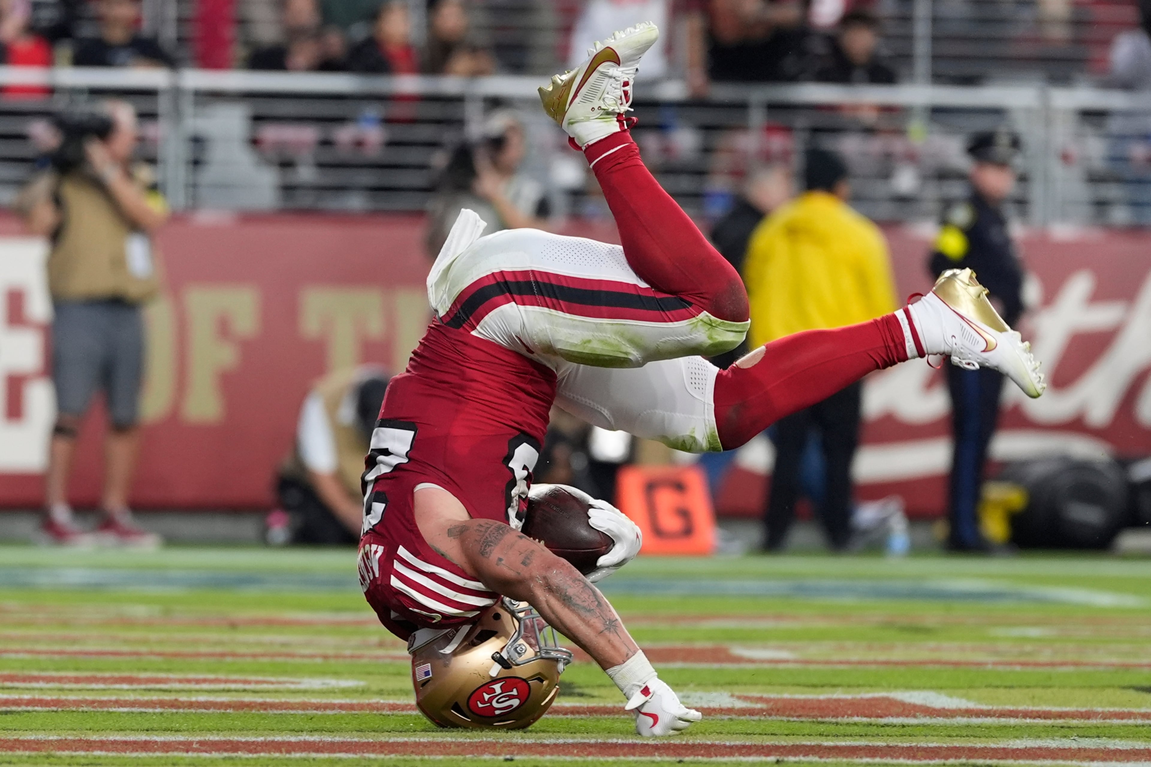 San Francisco 49ers running back Christian McCaffrey scores a touchdown against the Atlanta Falcons on Sunday, Oct. 19, 2025, in Santa Clara, Calif. (Godofredo A. Vásquez/AP)