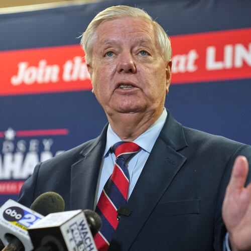 FILE - Sen. Lindsey Graham, R-S.C., speaks with supporters after filing his reelection paperwork, March 16, 2026, in Columbia, S.C. (AP Photo/Meg Kinnard, File)